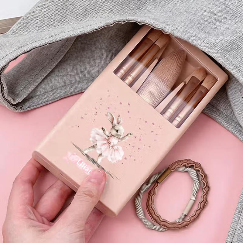Personalized Ballet Bunny 5 Pcs Makeup Brushes Box Set with Name and Mirror Birthday Dance Competition Gift for Ballet Lovers