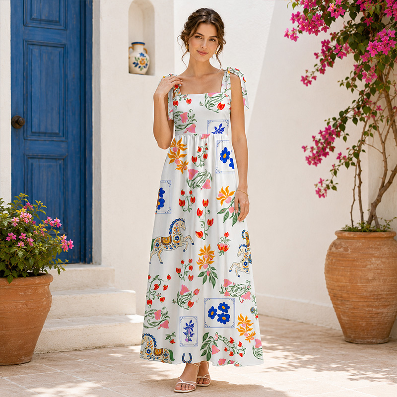 Personalized Vintage Hand Painted Colorful Flower Pony Pattern Tie Shoulder Flowy A Line Long Sundress For European Village Picnic Resort Wedding Guest Outfit