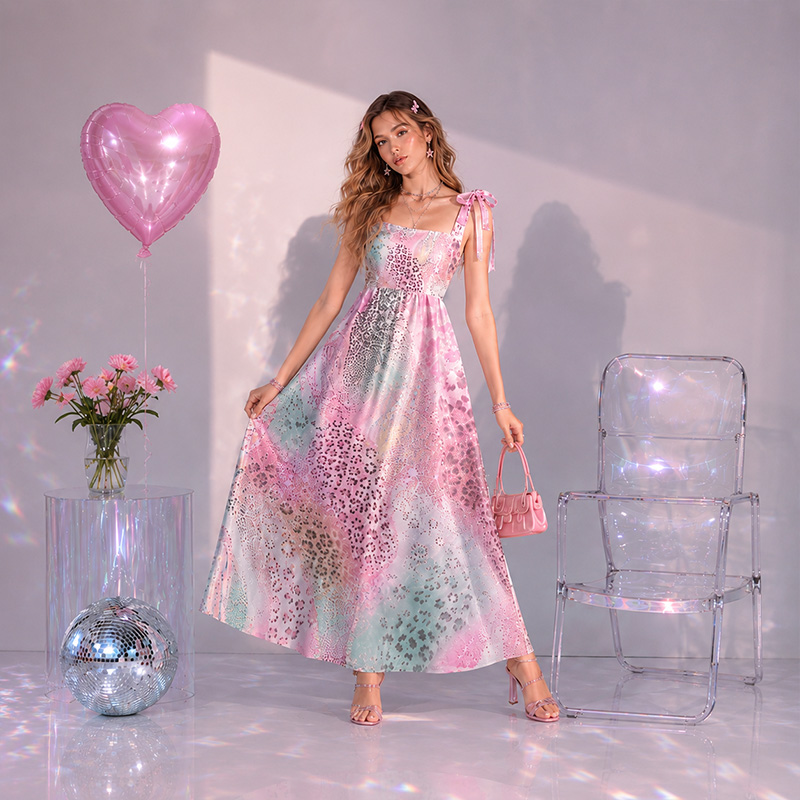 Personalized Shiny Satin Ombre Leopard Flower Collage Print Bow Strap Floor Length Dress For Summer Holiday Night Out Travel