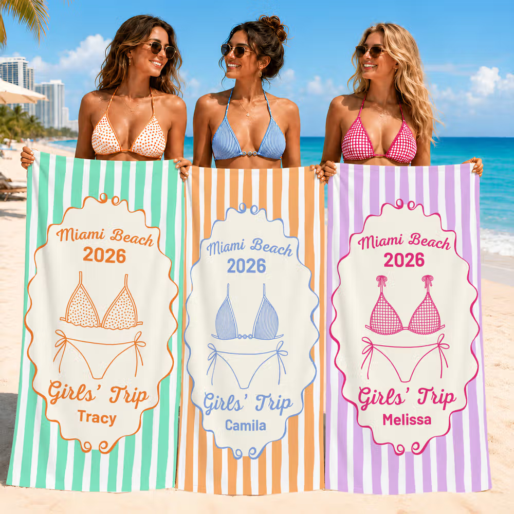 Personalized Multicolor Bikini Stripe Soft Quick Dry Beach Towel with Location Year Text Name Beach Party Birthday Gift for Women