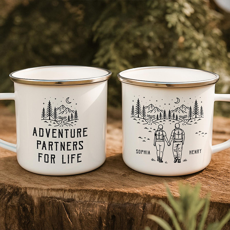 Personalized Adventure Partners For Life Camping Enamel Mug Custom Couple Hiking Travel Cup Anniversary Wedding Gift For Husband Wife