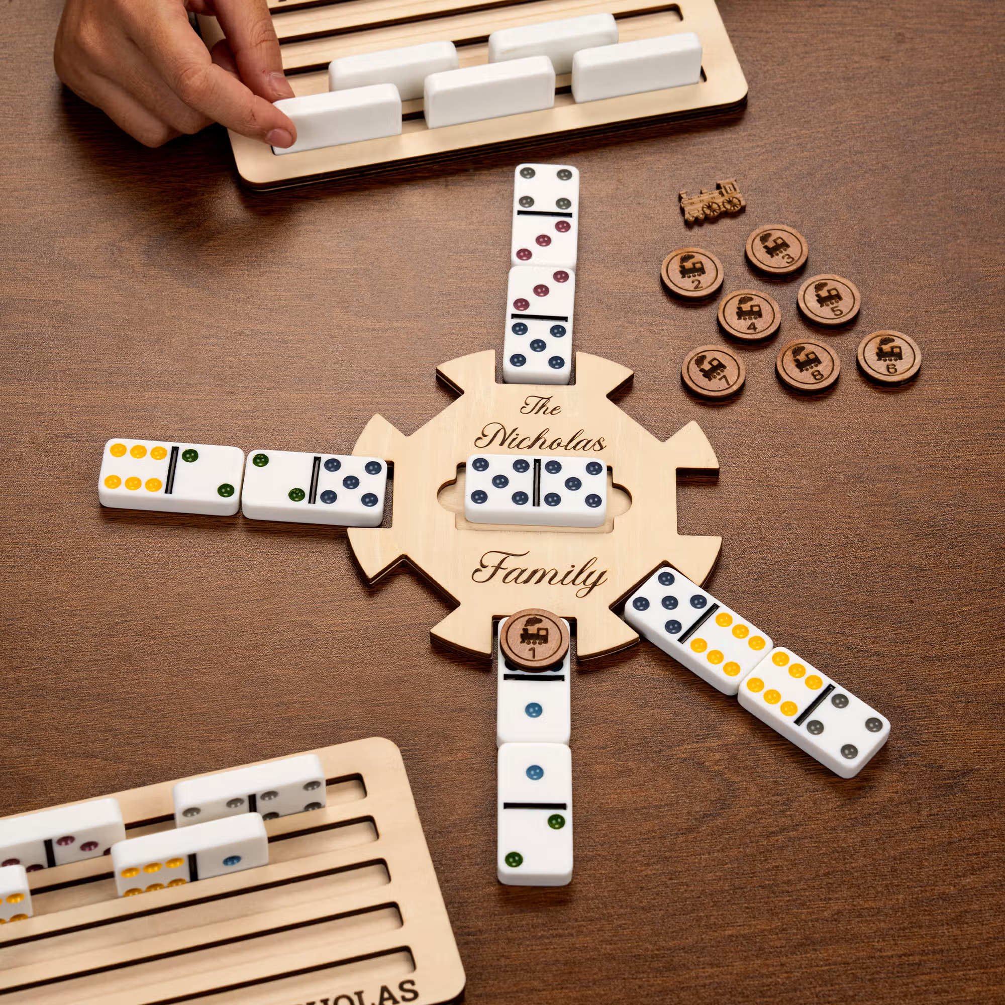 Custom Wooden Mexican Train Domino Hub & Holder - Engraved Basswood Set 11 or 15 Holder, Gift for Family