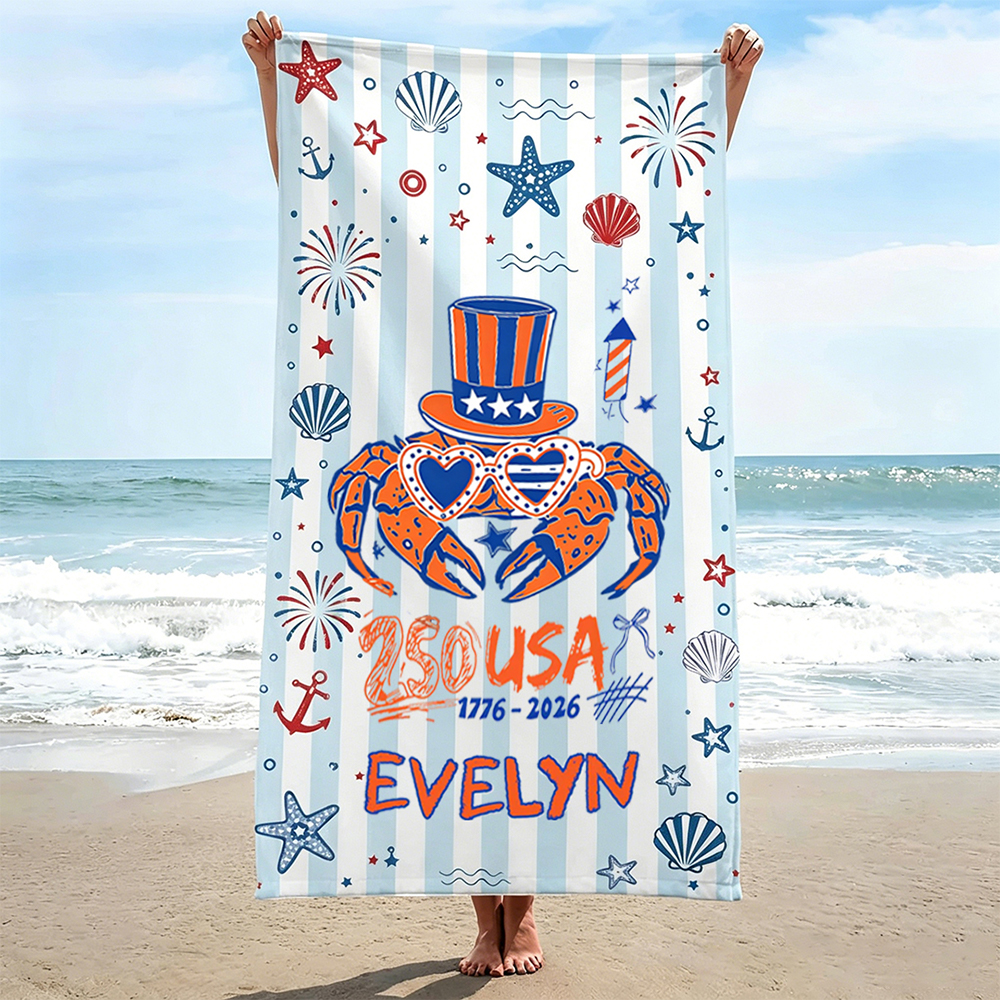 Personalized Beach Towel USA 250th Red White Crabby Gift For Beach Lovers