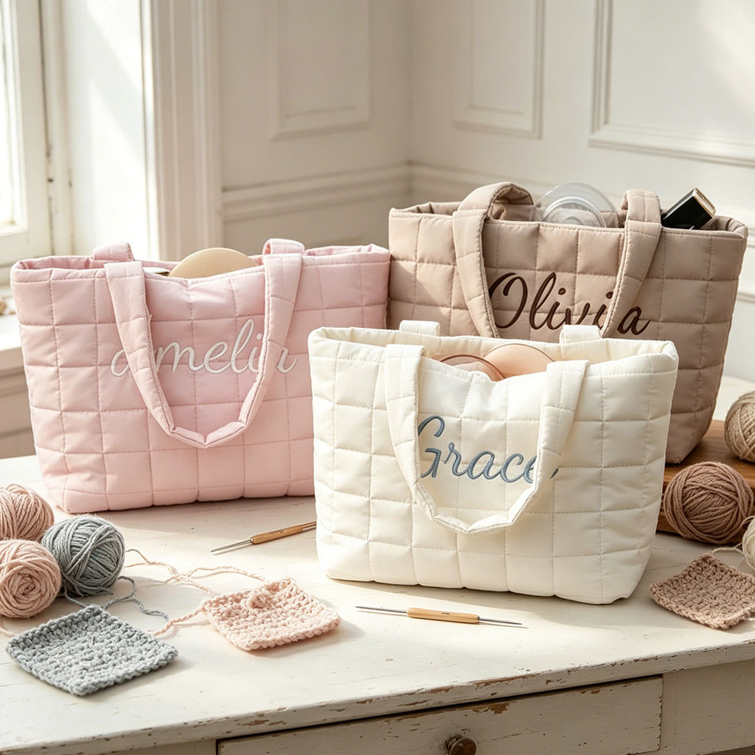 Personalized Crochet Tool Storage Tote Bag, Nylon Quilted Tote Bag, Custom Embroidered Name Shoulder Tote