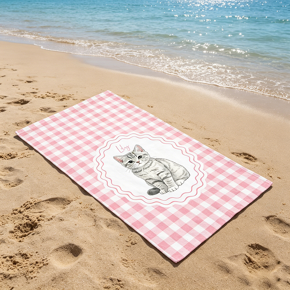 Personalized Pet Beach Towel Custom Pet Portrait Watercolor Striped Pattern with Name Gift for Pet