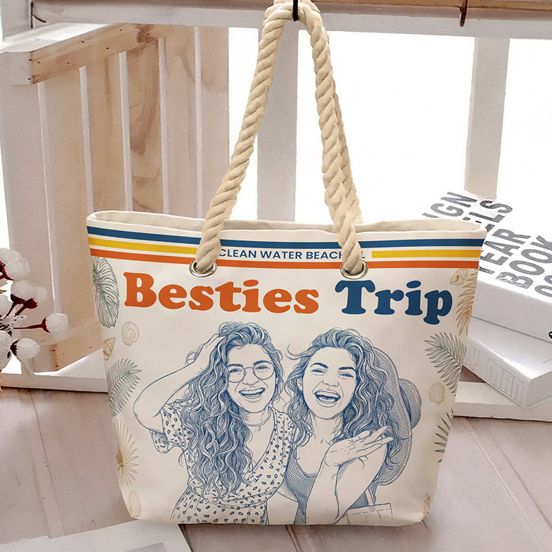 Personalized Beach Bag Besties Girls Trip Summer Gift For Friends Soul Sisters Sketch Line Art Photo Bag Traveling Lover Gifts