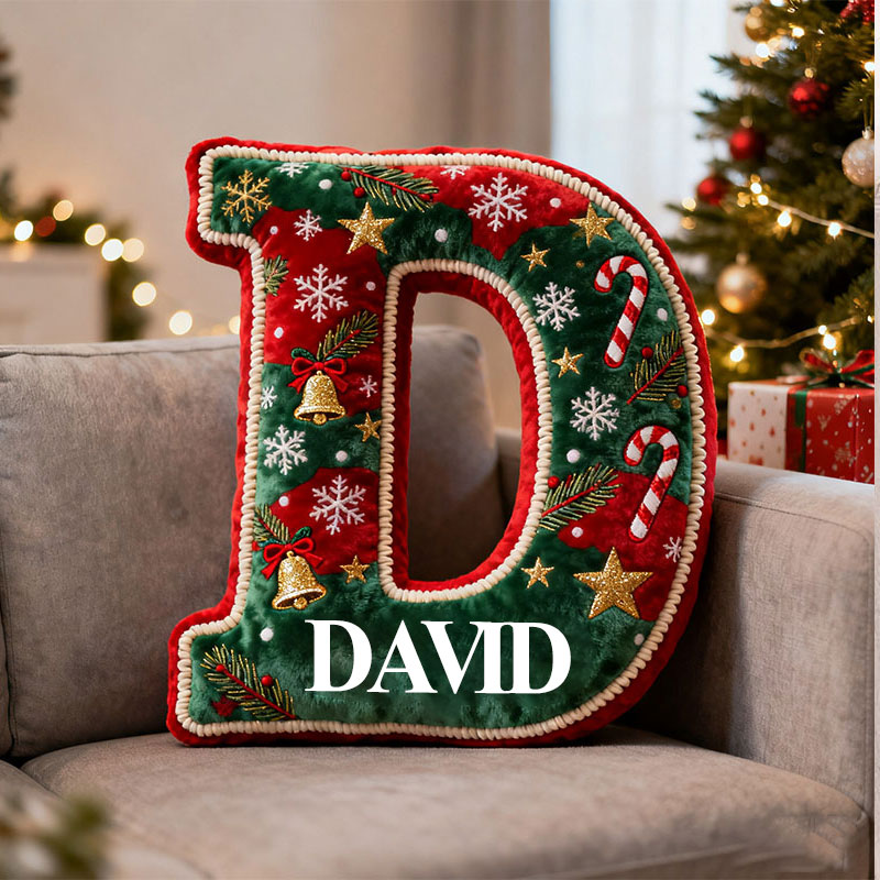 Personalized Christmas Letter Pillow Festive Holiday Decor Candy Cane and Bell Graphic 3D Print Cozy Custom Cushion for Living Room Soft Decorative
