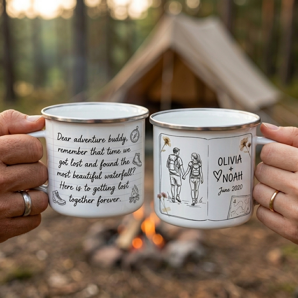 Personalized Adventure Buddy Enamel Mug Custom Couple Hiking Travel Cup Anniversary Wedding Gift For Husband Wife