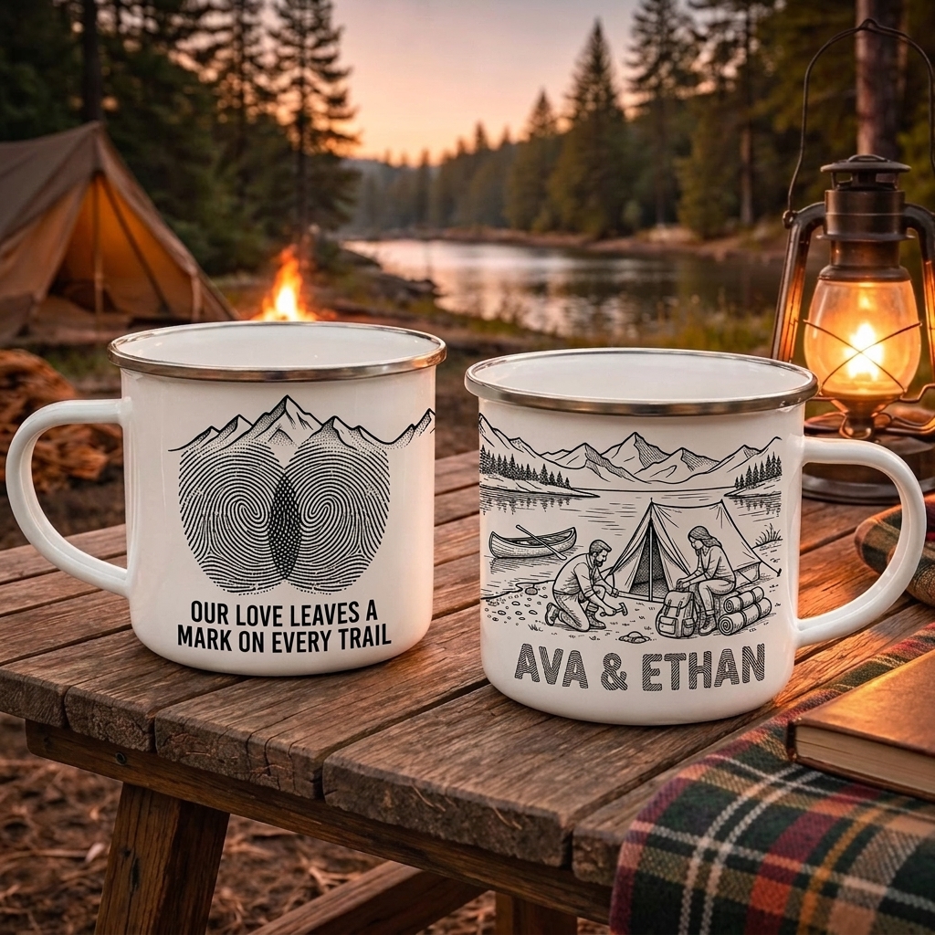Personalized Couple Enamel Mug Custom Couple Hiking Travel Cup Anniversary Wedding Gift For Husband Wife