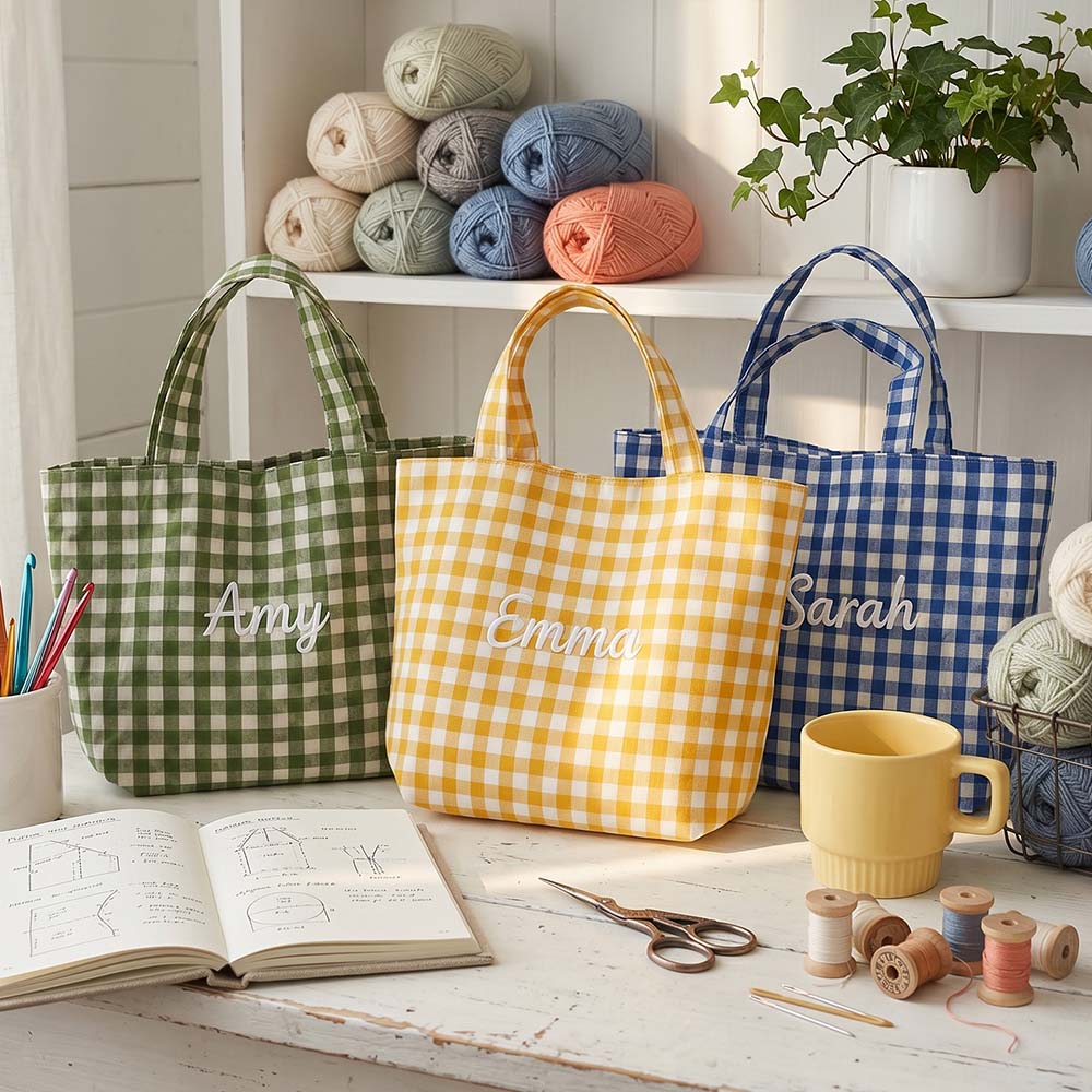 Personalized Crochet Tool Storage Tote Bag Embroidered Gingham Tote Bag Custom Name Canvas Tote Reusable Shopping Bag