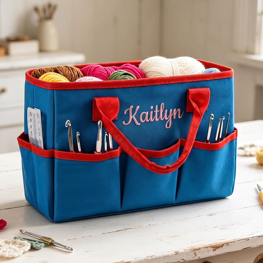 Personalized Crochet Tool Storage Tote Bag Embroidered Gingham Tote Bag Custom Name Premium Oxford Cloth Tote Reusable Storage Bags