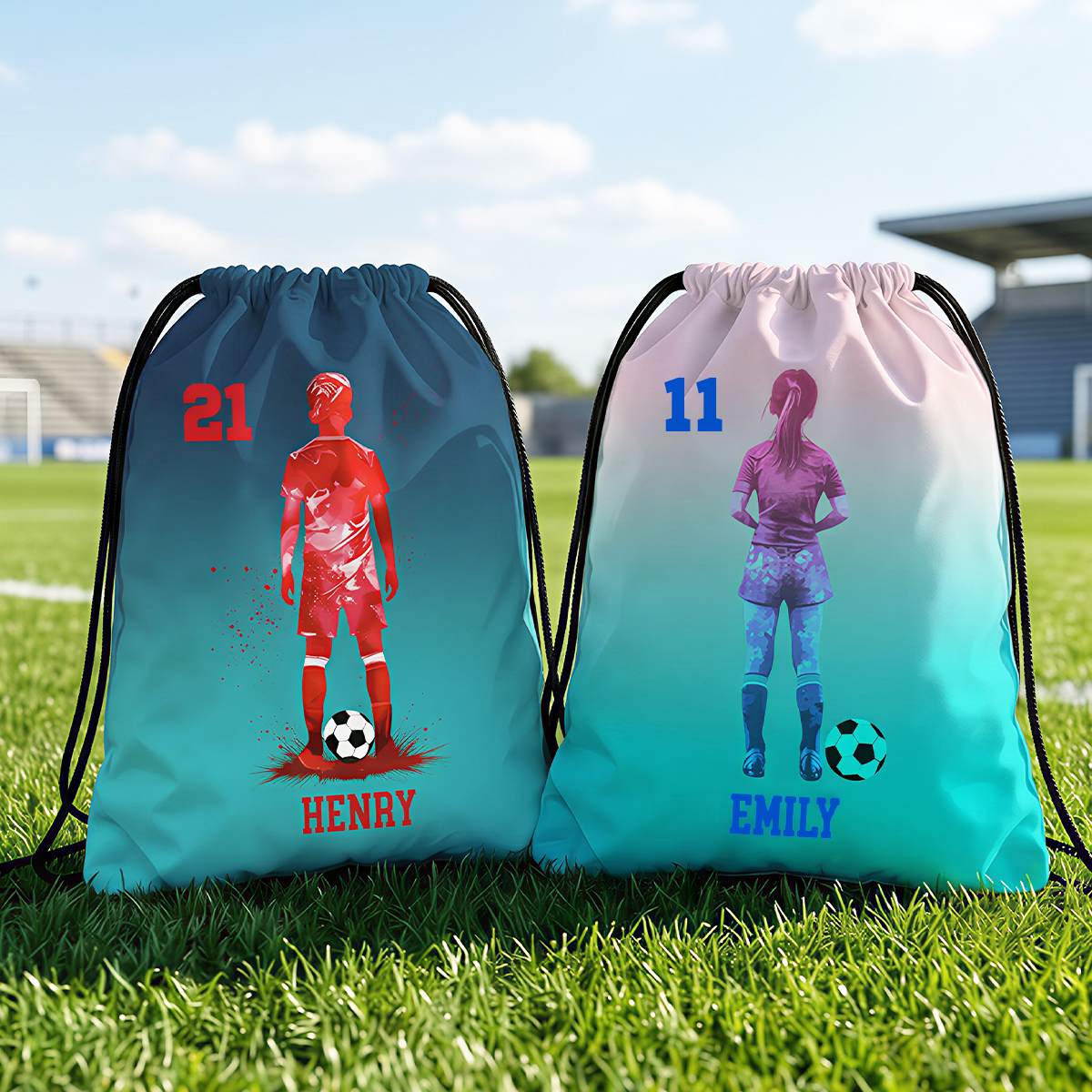 Personalized Soccer Character Silhouette Name Gradient Sports Bag Gift for Kid Teenager Soccer Lover