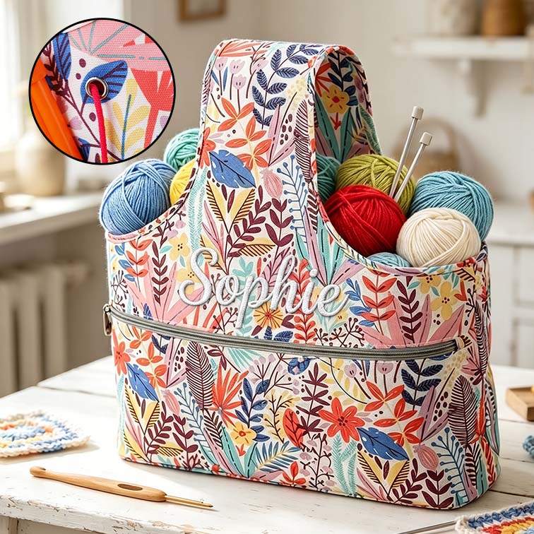 Knitted Wristlet with Drawstring Inner Pocket a Tote Bag Large Capacity Storage Bag for Knitted and Crochet Items with 3 Accessory Pockets