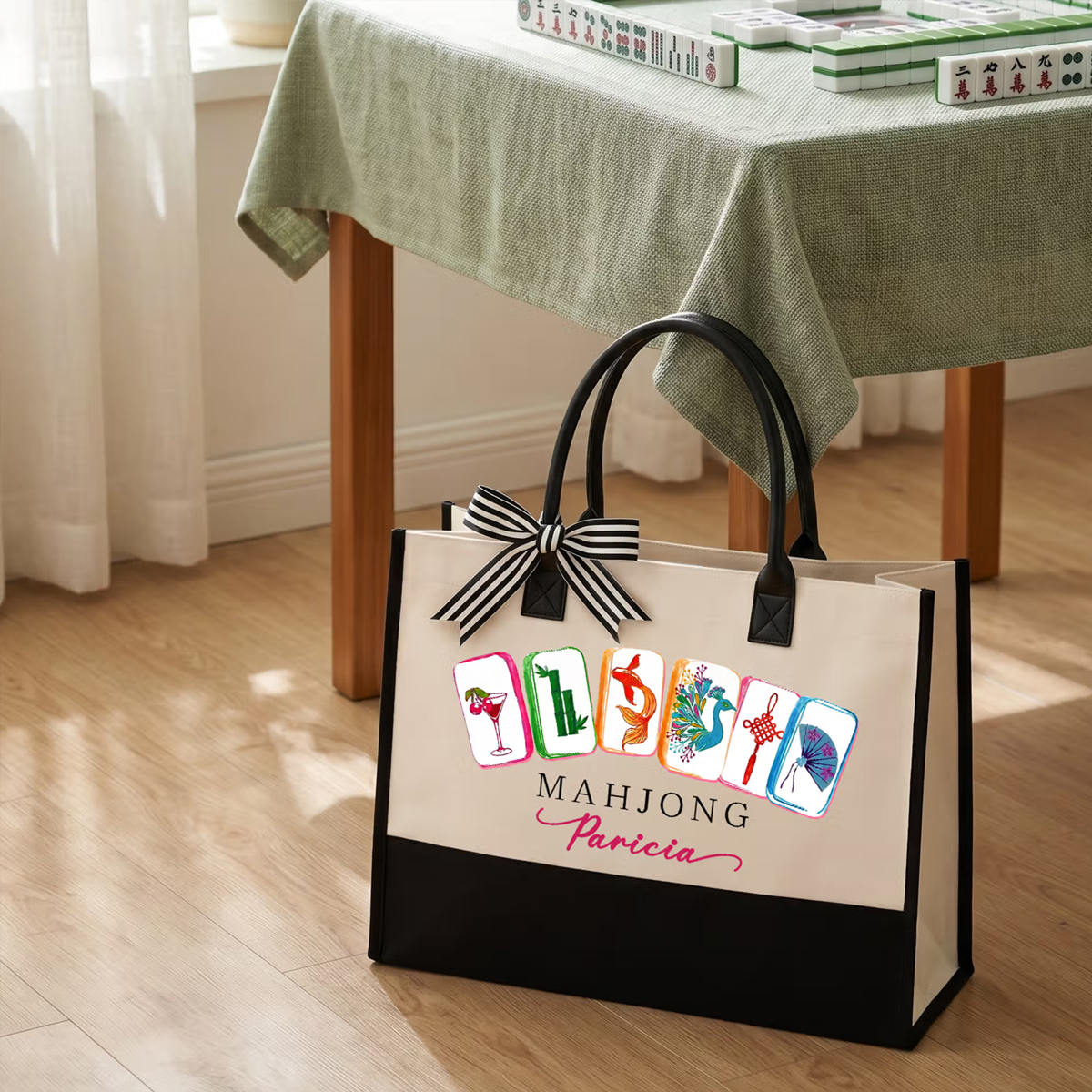 Personalized Mahjong Theme Portable Makeup Bag Large Tote Bag Set with Text Travel Essential Birthday Mahjong Club Gift for Mahjong Lovers