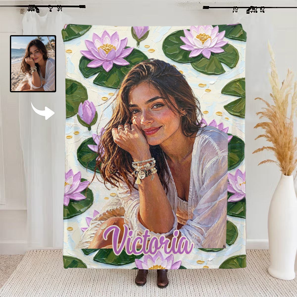 Personalized Birth Flower Flannel Blanket Oil Painting Style Custom Photo and Name Birthday Gift for Her