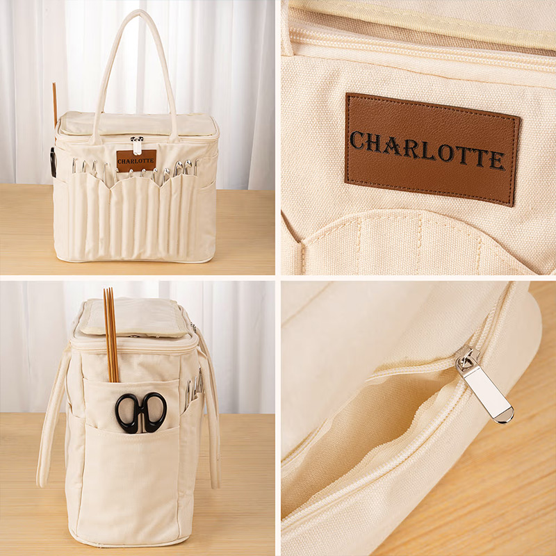 Personalized Monogram Large Canvas Yarn Storage Bag with Needle Pockets and Handle Crochet Knitting Accessories Birthday Gift for Craft Lovers