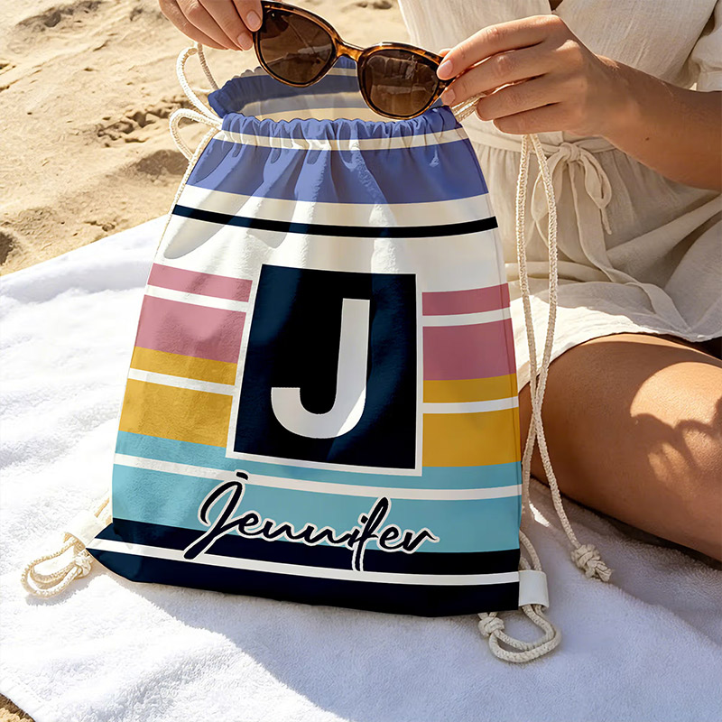 Striped Drawstring Beach Backpack with Name and Initial Beach Party Birthday Gift for Friends Adults