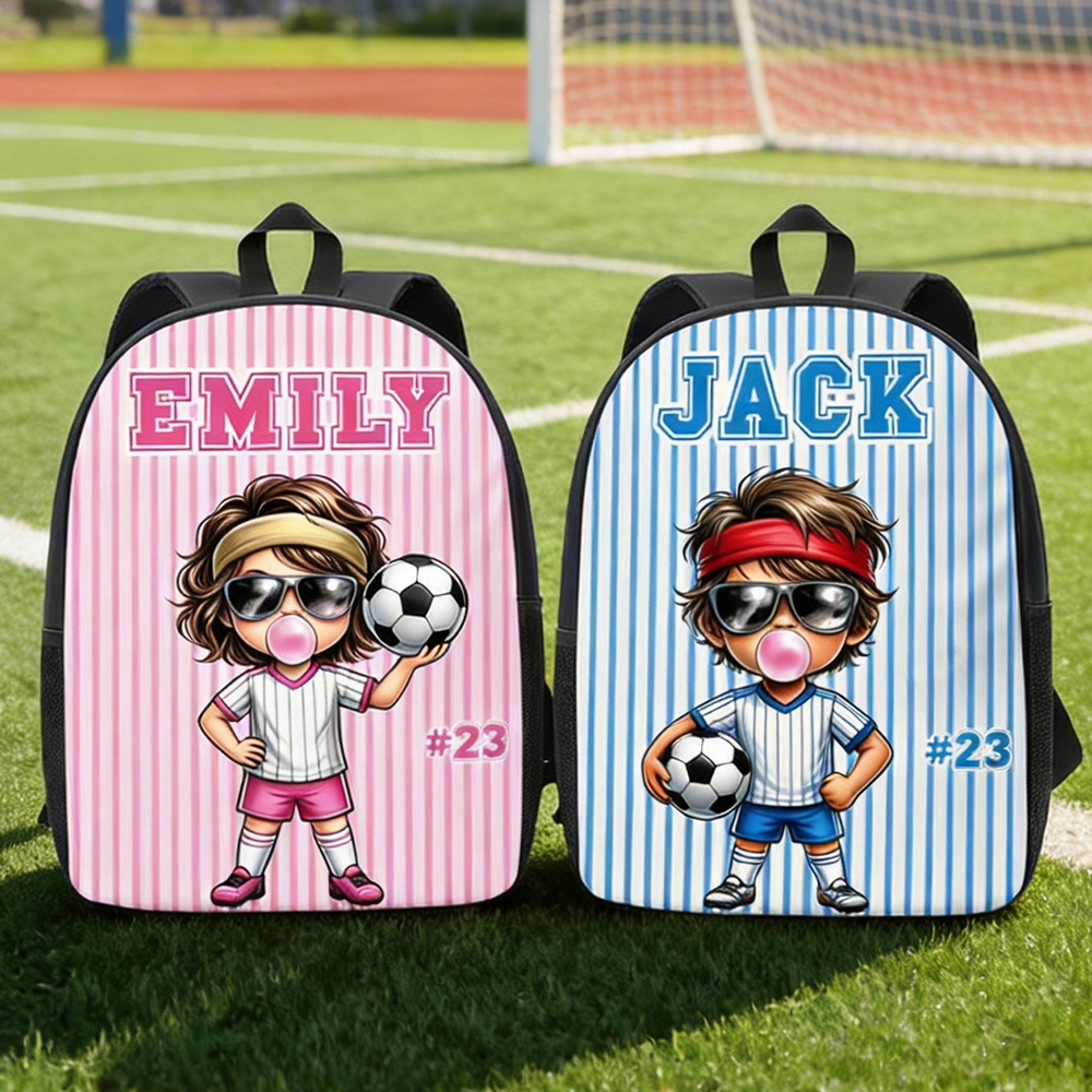 Personalized Stripes Cartoon Soccer Kid Character Backpack with Name Back to School Birthday Gift for Boys Girls