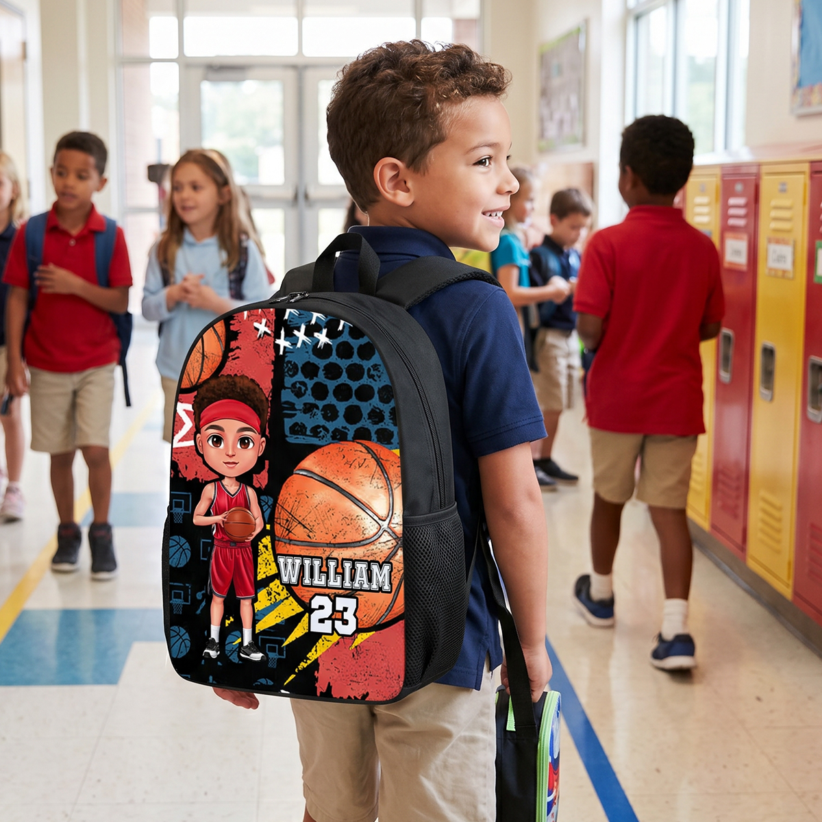 Personalized Cartoon Character Backpack with Name and Number Back To School Gift for Basketball Lover Friends