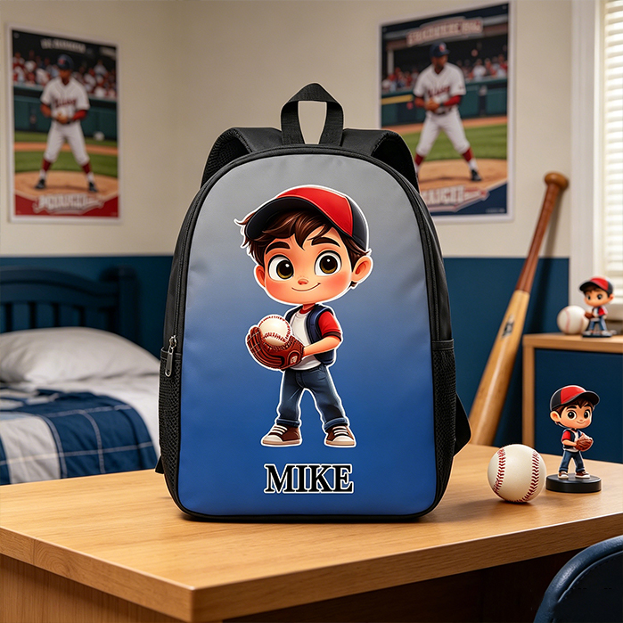 Personalized Cartoon Baseball Character Name Gradient Backpack Back To School Gift for Gym Fitness Baseball Lover
