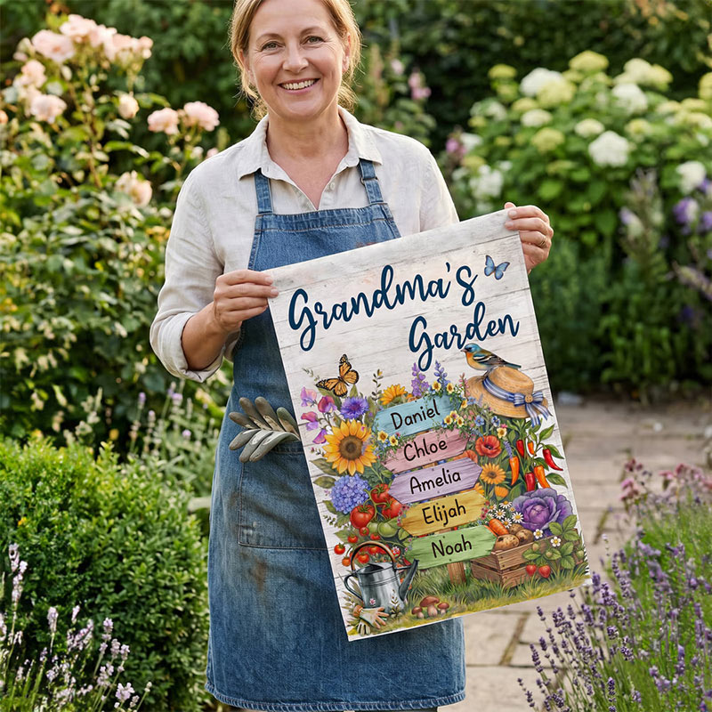 Personalized Butterfly Floral Vegetable Garden Flag with 1-8 Names and Nickname Balcony Outdoor Decor Birthday Anniversary Gift for Family Gardener
