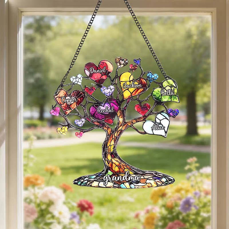 Personalized Glass Art Heart Family Tree Oil Acrylic Ornament with 2-15 Names and Text Home Decor Mother's Day Birthday Gift for Woman Mom Grandma