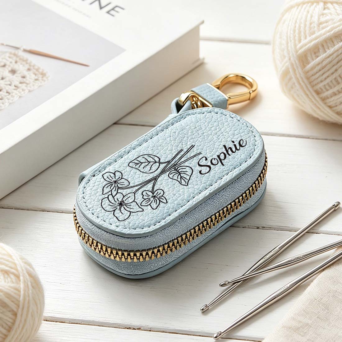 Personalized Knitting Crochet Notions Bag Mini Storage Bag Stitch Markers Point Protectors Tools Custom Name with Birth Flower