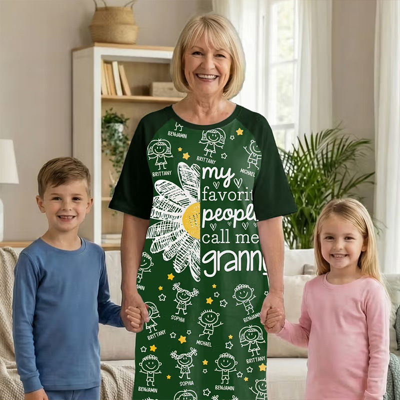 Personalized 1-12 Cartoon Line Art Kids Nightgown with Names and Side Pocket Daily Wear Mother's Day Birthday Gift for Grandma Mom