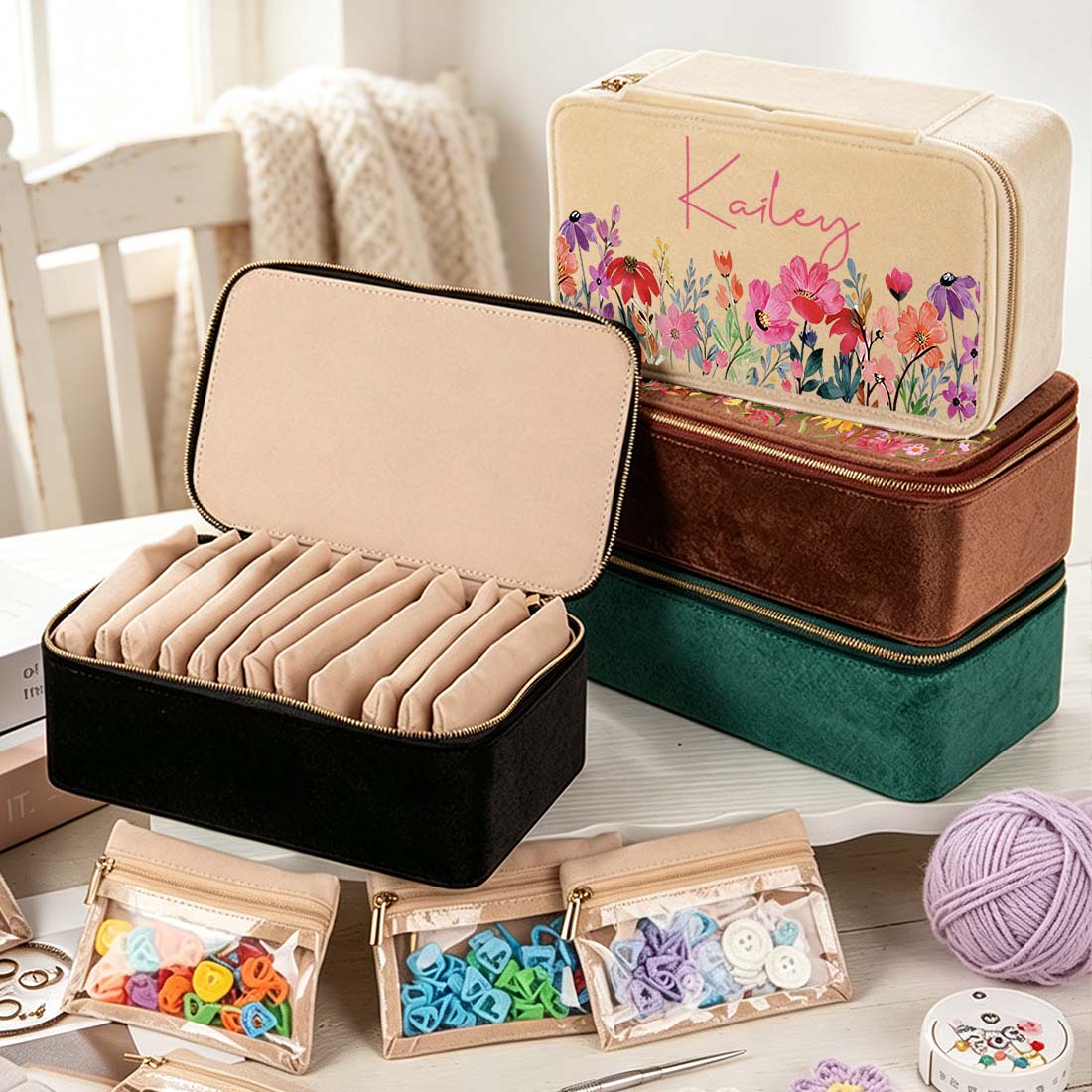 Personalized Plush Velvet Knitting Crochet Notions Case Box Portable Storage Box Section Stitch Markers Custom Name with Birth Flower