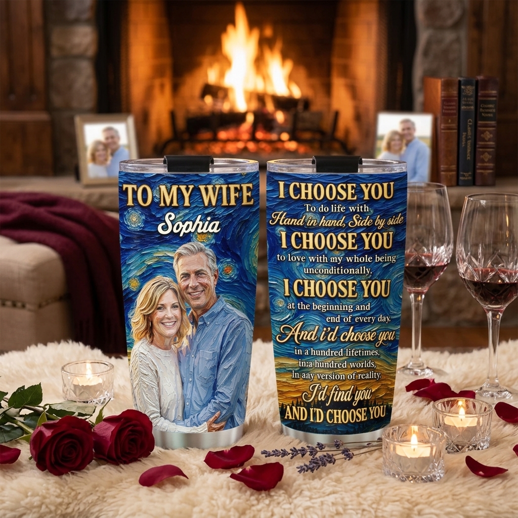 Personalized Custom Photo Tumbler Gift for Wife Couple Photo Gift Idea Anniversary Gift for Wife from Husband Oil Painting Style Tumbler with Photo and Name
