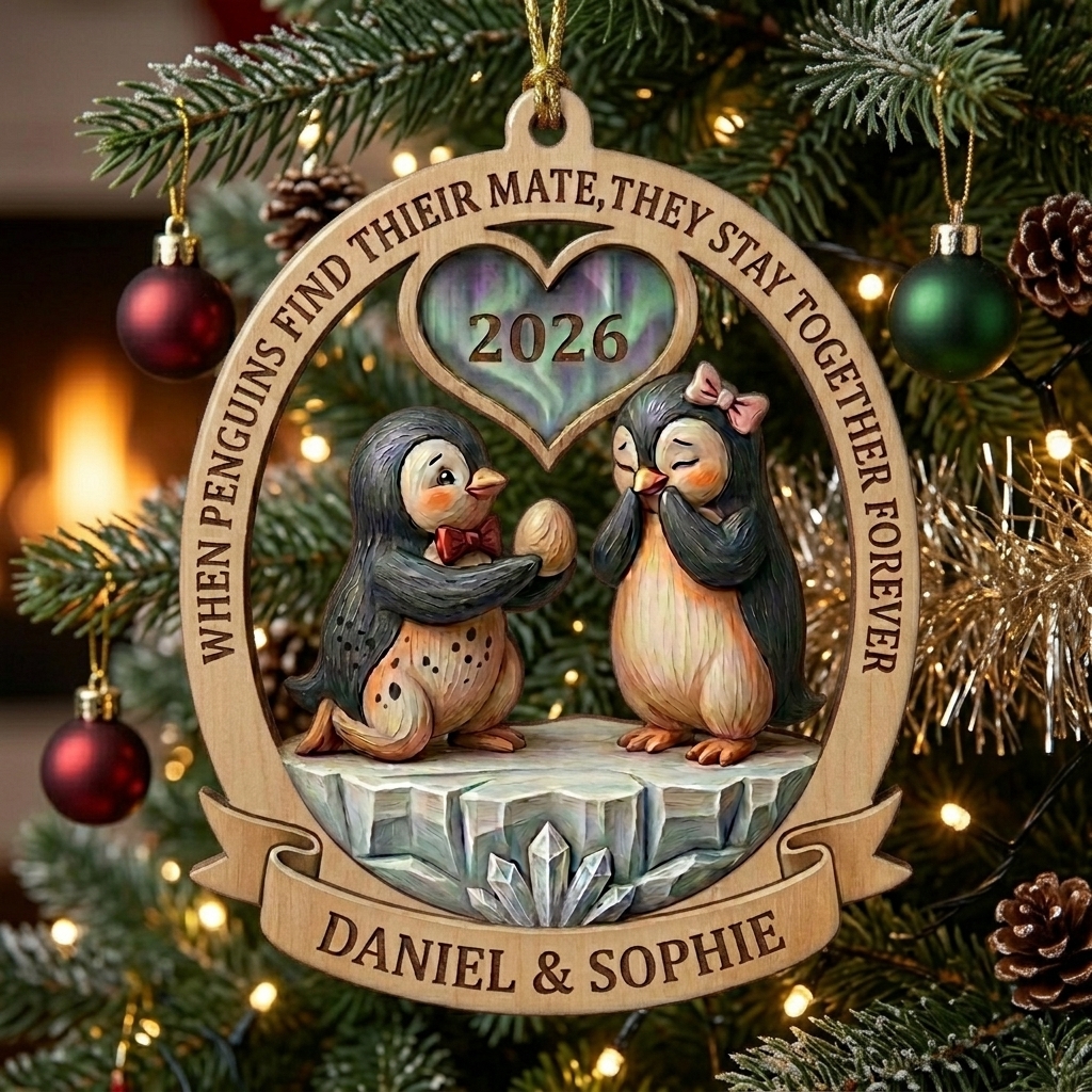 Personalized Penguin Couple Christmas Ornament 2026 Wedding Couple Ornament Custom Names Acrylic Tree Ornament For Newlyweds Couple Gift