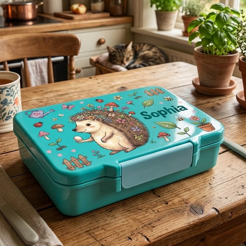 Personalized Hedgehog Name Kids Lunch Box Woodland Themed Cute Girls School Snack Container Design