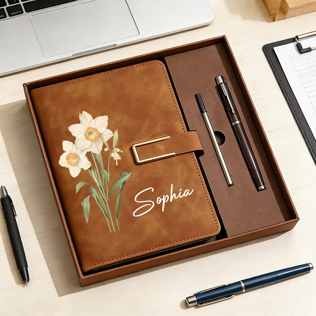 Personalized Birth Flower Notebook & Pen Set Custom Name Leather Journal Gift Birth Month Flower Journal for Women