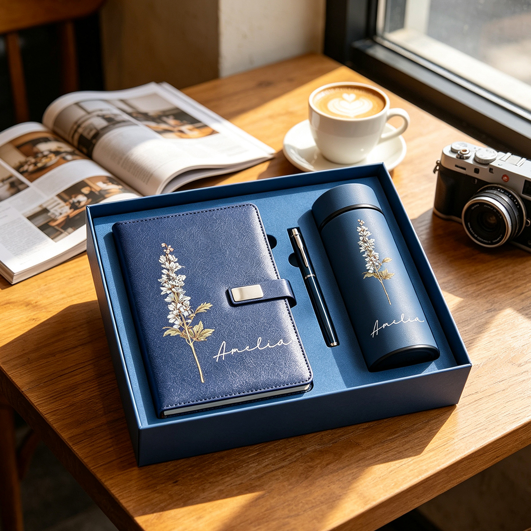 Personalized Birth Flower Notebook Pen and Cup Set Custom Name Birthday Gift for Her