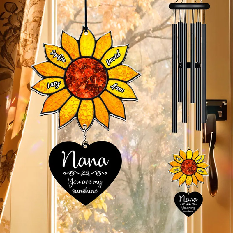 Personalized Nana Sunflower Wind Chime Custom Grandkids Names You are My Sunshine Suncatcher Nana Gift Mom Birthday Gift