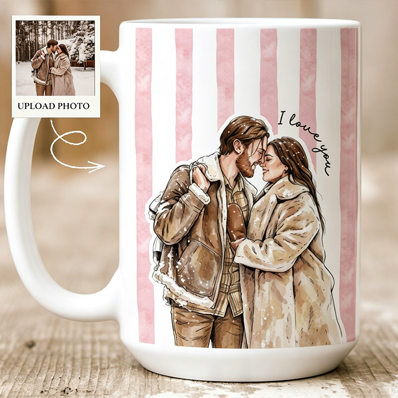 Personalized Watercolor Couple Photo Mug Stripe Custom Picture Coffee Cup Gift For Husband Wife Anniversary Valentine’s Day Gift for Her