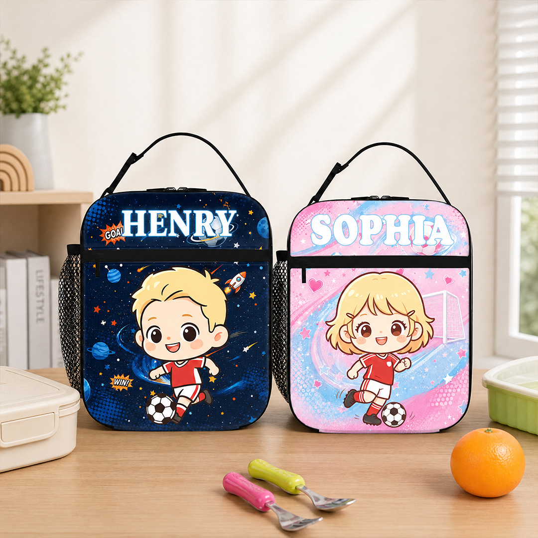 Personalized Soccer Theme 3D Cartoon Character Lunch Bag with Photo and Name Back to School Birthday Gift for Boys Girls