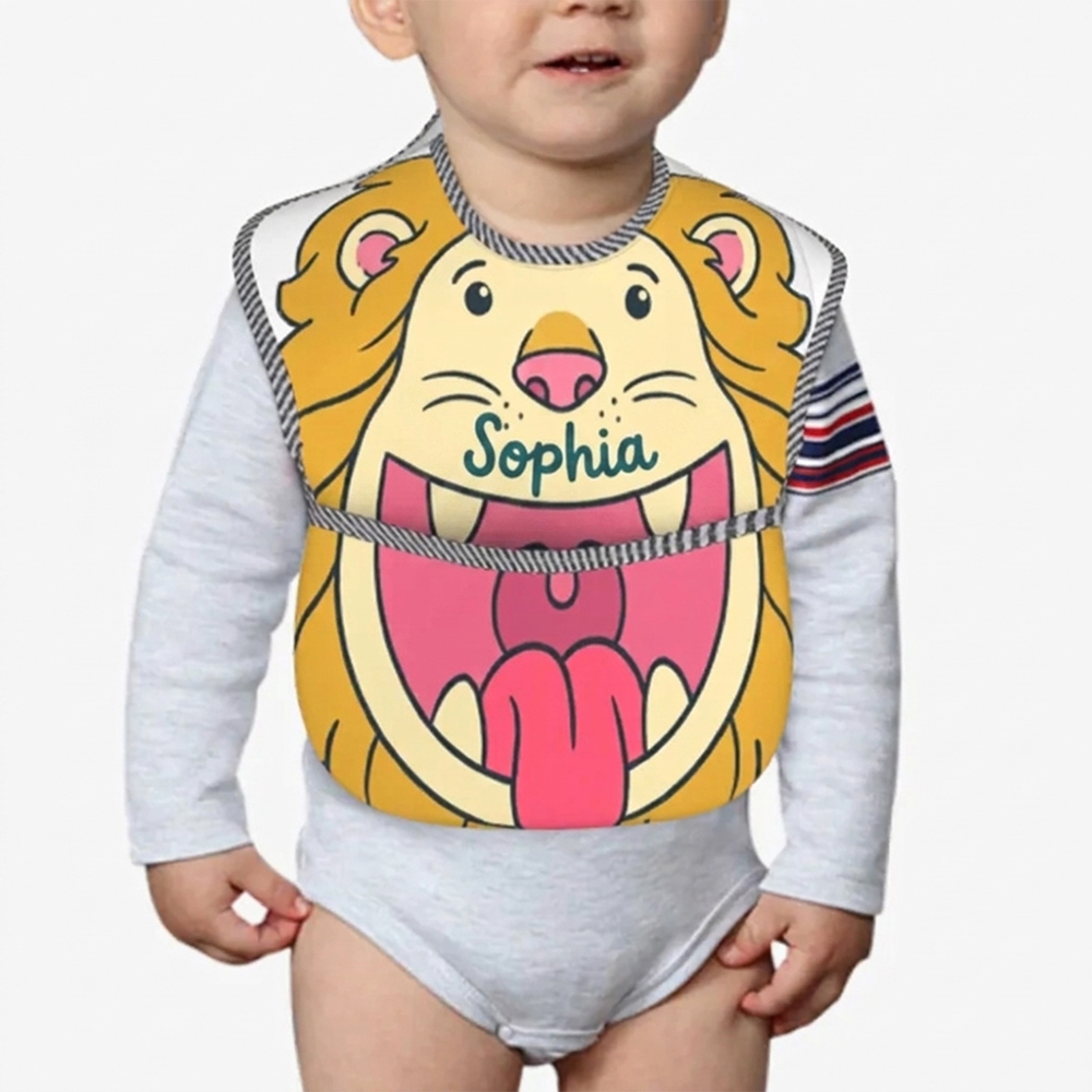 Personalized Lion Bib Name Roaring Hungry Cub Cute Jungle King Baby Boy Girl Mealtime Gift Adjustable Soft