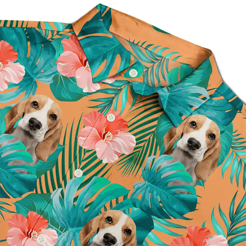 Personalized Photo Tropical Leaves Funny Family Kids Pet Face Custom Hawaiian Shirt with 1-6 Kids Photo Father Mother Summer Gifts