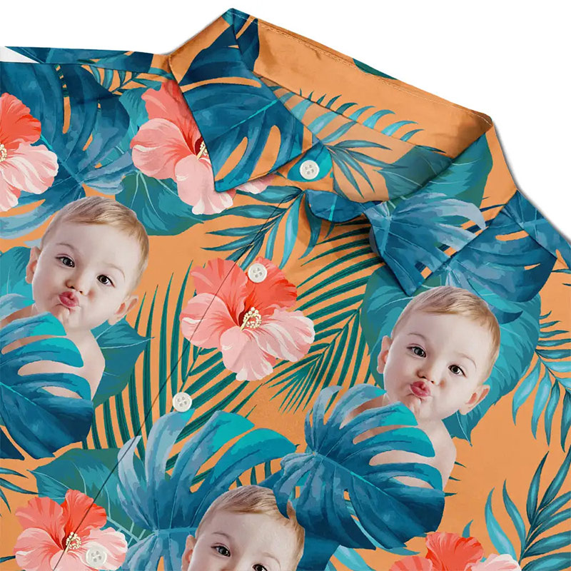 Personalized Photo Tropical Leaves Funny Family Kids Pet Face Custom Hawaiian Shirt with 1-5 Kids Photo Father Mother Summer Gifts