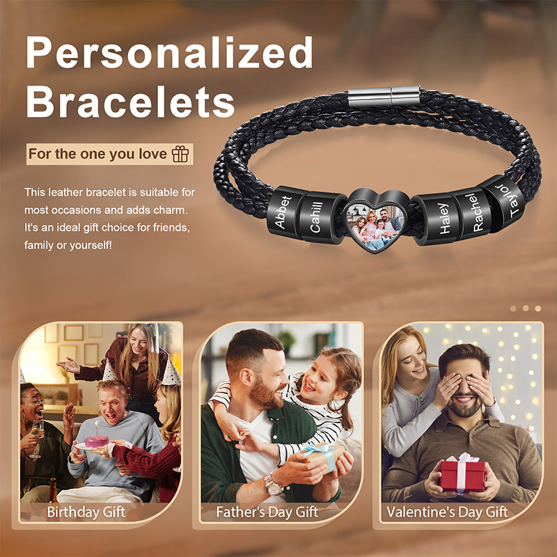 Personalized Leather Bracelet with Family Kids 5 Names and 1 Photo Men's Bracelet for Family