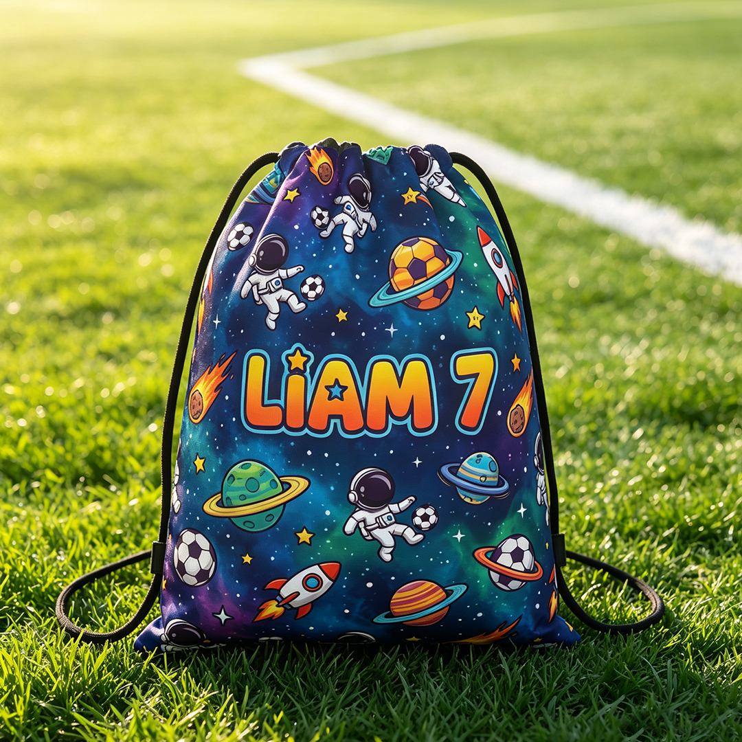 Personalized Kid's Astronaut Soccer Drawstring Backpack with Starry Sky and Space Design Custom with Name and Number Gift for Soccer Lovers