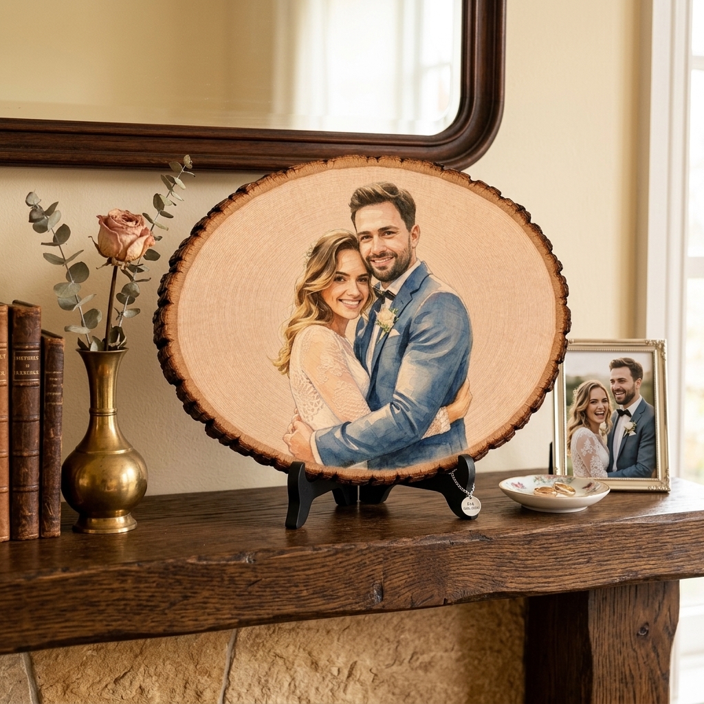 Personalized Photo Engraving Basswood Keepsake Custom Watercolor Photo Art on Wood Slice Engraved Log Slice Gift for Couple Photo Gift for Her Him