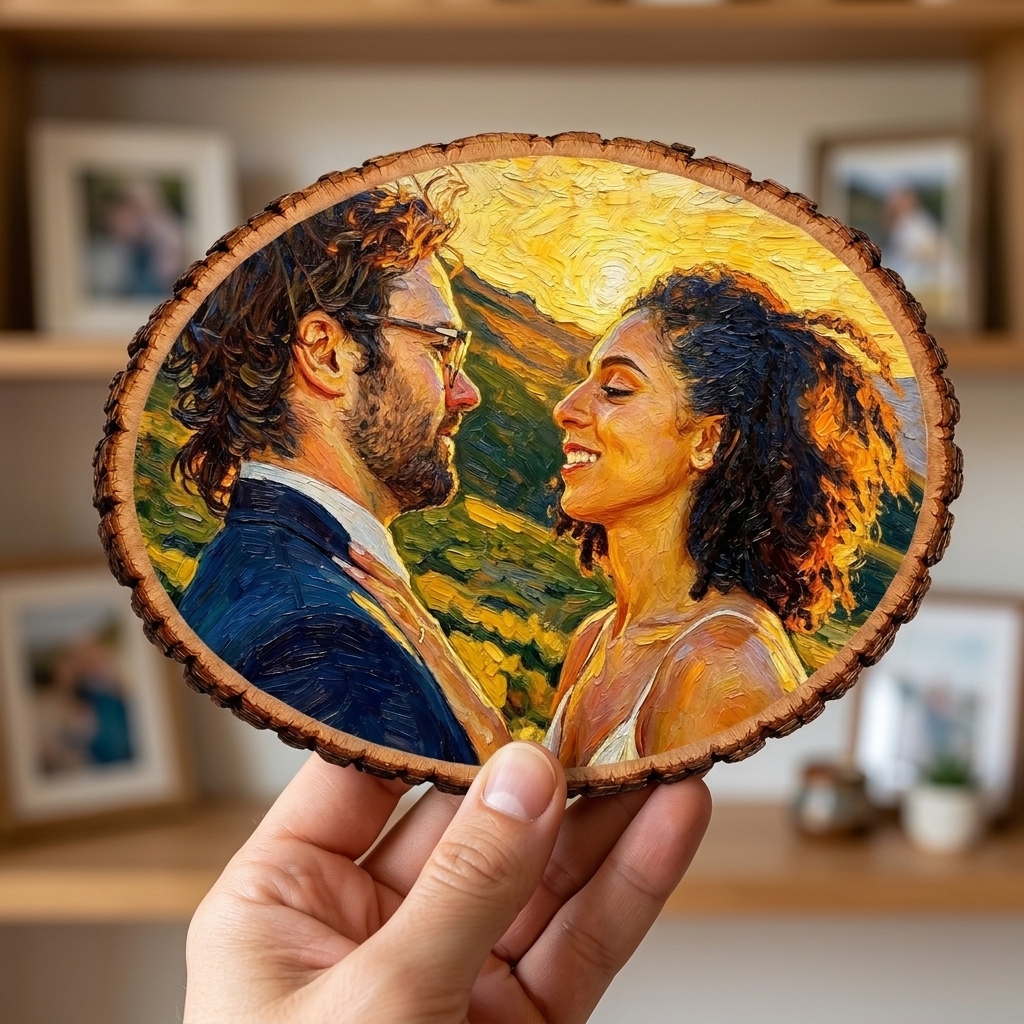 Personalized Painting Photo Engraving Basswood Keepsake Custom Photo Art on Wood Slice Engraved Log Slice Gift for Couple Photo Gift for Her Him