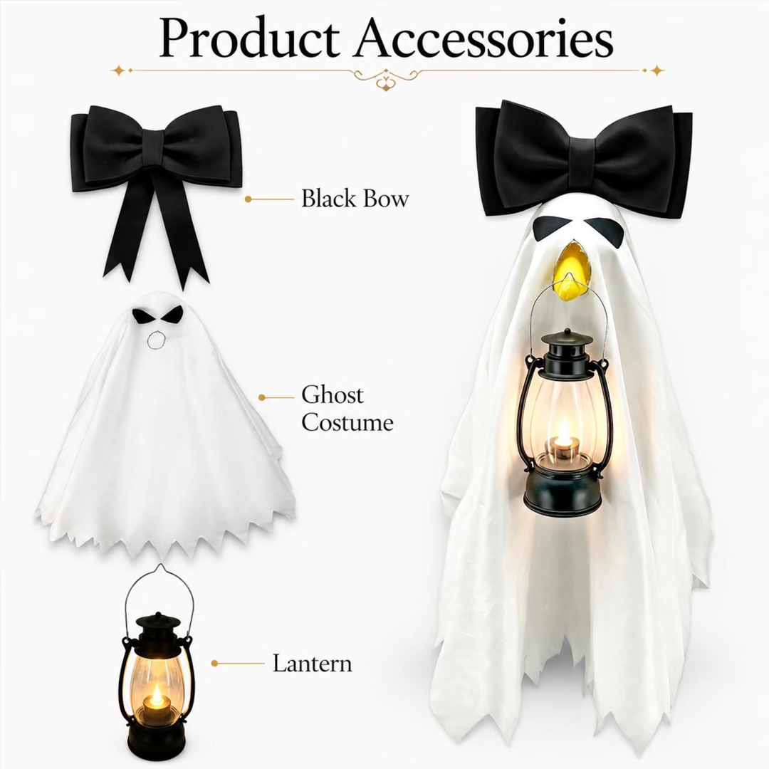 Porch Goose Halloween Costume for 23 Inch Goose White Ghost Cover with Pink Bow and LED Lantern Outdoor Fall Decor Gift