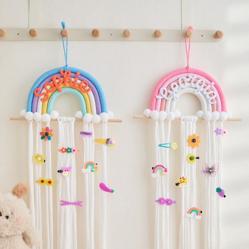 Personalized Name Rainbow Hair Clip Holder Custom Embroidered Girls Room Organizer Birthday Gift