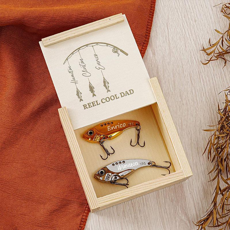 Personalized Name Lure Gift Set with Reel Cool Dad Box Fishing Gift Fishing Retirement Gift Custom Angler Gift Gift for Grandpa Dad