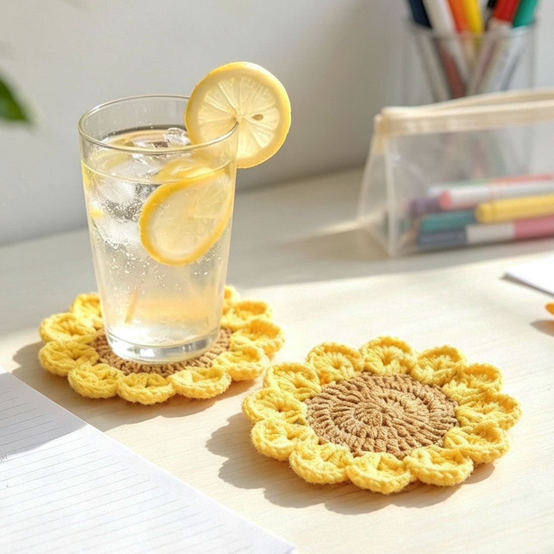 Sunflower Crochet Coasters Handmade Floral Desk Accessories Teacher Gift for Women