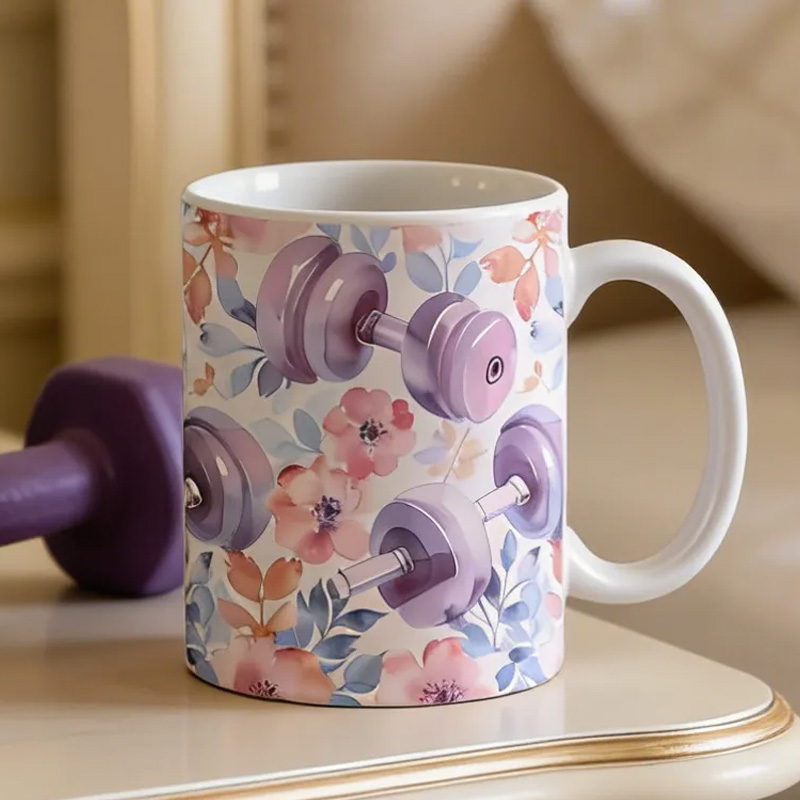 Personalized Couple Mug Floral Gym Weights Coffee Mug Watercolor Fitness Gift for Gym Lover