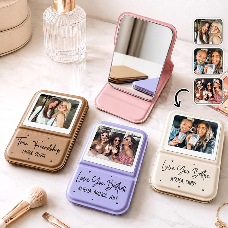 Personalized Bestie Pocket Leather Mirror with Names Best Friend Photo Mirror Custom Unique Bestie Gift Bridesmaid Gift Wedding Bride Gift